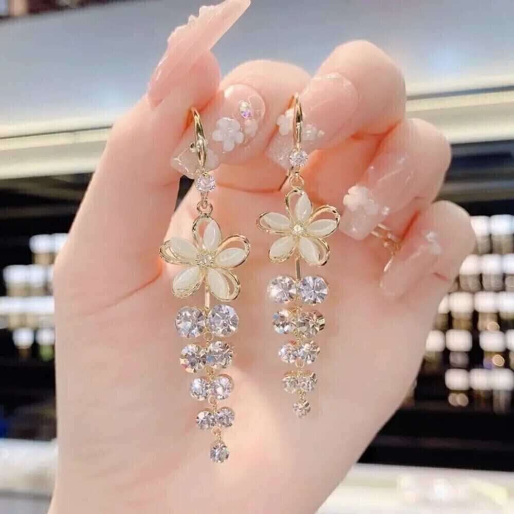 New - Opal Flower Zircon Jeweled Dangle Earrings